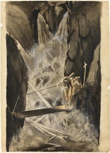 Three Monks Crossing a Bridge Over a Cataract, n.d. Creator: Unknown