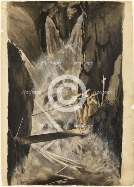 Three Monks Crossing a Bridge Over a Cataract, n.d. Creator: Unknown.