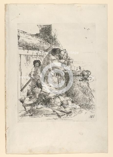 Three magicians burning a snake, from the Scherzi, ca. 1743-50. Creator: Giovanni Battista Tiepolo.