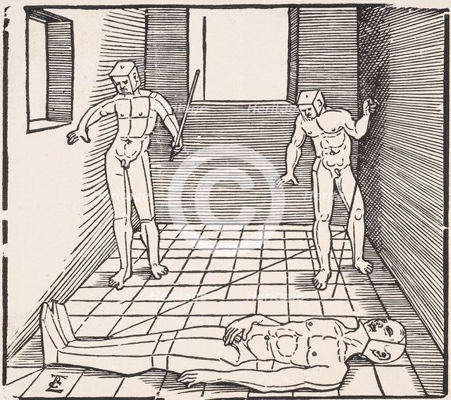 Three male figures in a room (From: Unnderweissung der Proportzion). Artist: Schoen, Erhard (1491-1592)