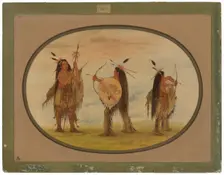 Three Mandan Warriors Armed for War, 1861/1869. Creator: George Catlin