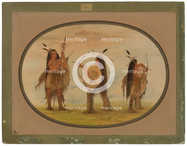Three Mandan Warriors Armed for War, 1861/1869. Creator: George Catlin.