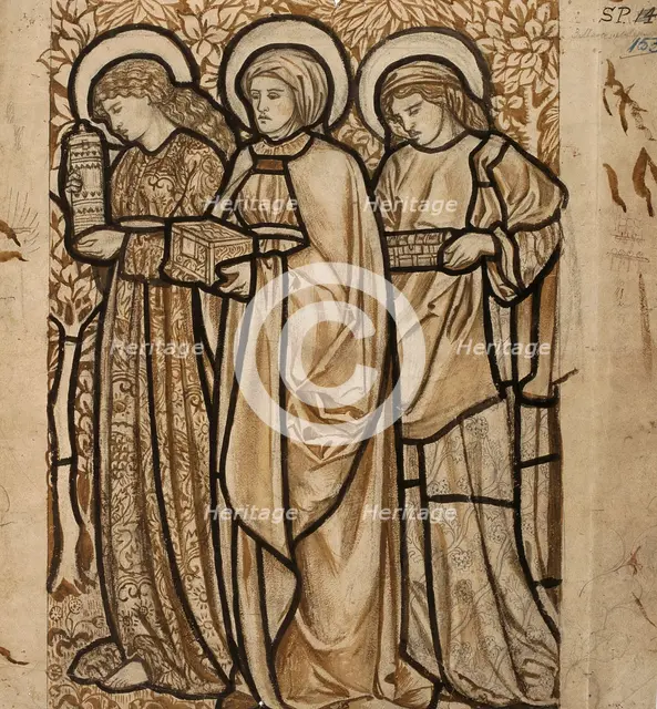 'Three Marys at the Sepulchre - Design for stained glass', 1862. Creator: William Morris.