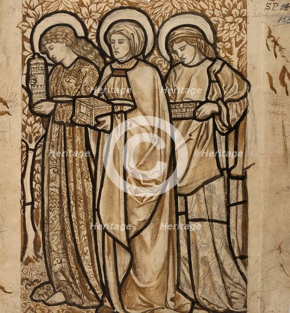 'Three Marys at the Sepulchre - Design for stained glass', 1862. Creator: William Morris.