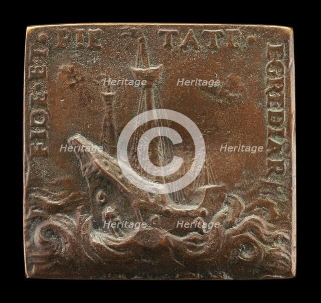 Three-Masted Ship, without Sails, in a Stormy Sea [reverse], 16th century. Creator: Unknown.