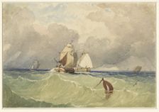 Three-masters and Dutch sailing barge in the open sea, 1830-1880. Creator: Thomas Sewell Robins