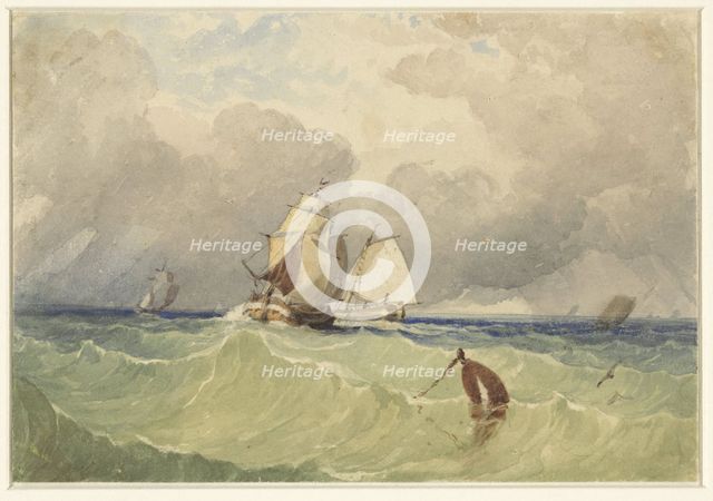 Three-masters and Dutch sailing barge in the open sea, 1830-1880. Creator: Thomas Sewell Robins.