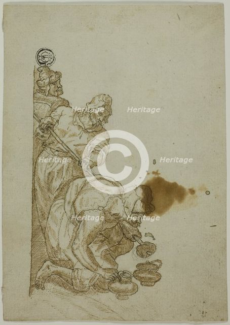 Three Men, One Bending Over Vessels, n.d. Creator: Unknown.