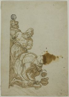 Three Men, One Bending Over Vessels, n.d. Creator: Unknown
