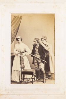Three men, one in drag, acting out a scene, [between 1890 and 1899?]. Creator: Unknown