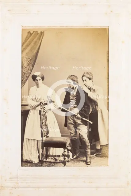 Three men, one in drag, acting out a scene, [between 1890 and 1899?]. Creator: Unknown.