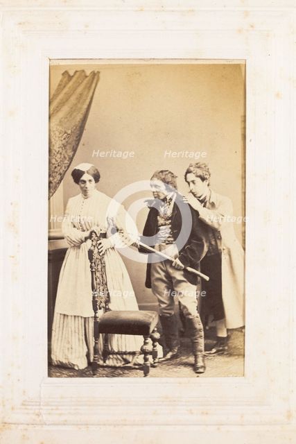 Three men, one in drag, acting out a scene, [between 1890 and 1899?]. Creator: Unknown.