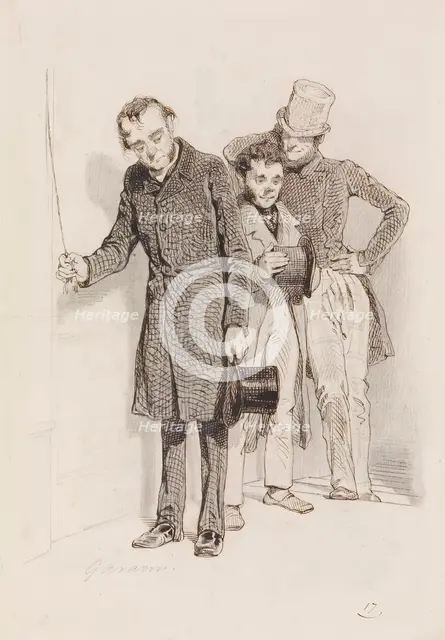 Three Men, One Pulling a Bell, 1845. Creator: Paul Gavarni.