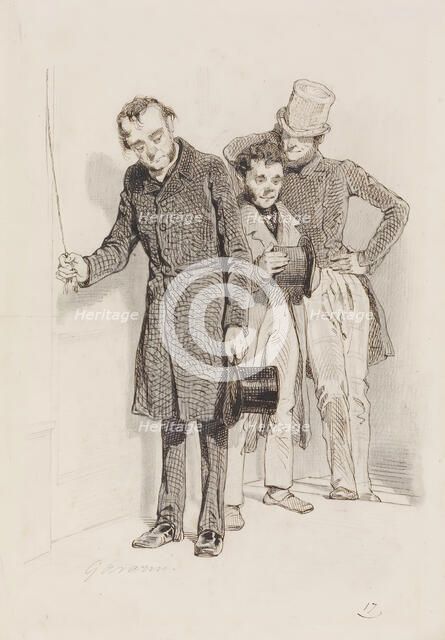 Three Men, One Pulling a Bell, 1845. Creator: Paul Gavarni.