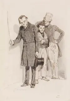 Three Men, One Pulling a Bell, 1845. Creator: Paul Gavarni