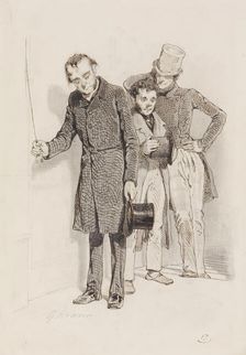 Three Men, One Pulling a Bell, 1845. Creator: Paul Gavarni