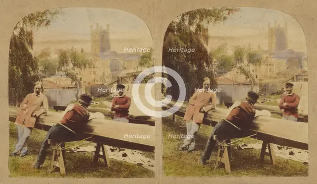 Three men at a table outside, castle in background, 1857-1862. Creator: Roger Fenton.