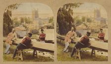 Three men at a table outside, castle in background, 1857-1862. Creator: Roger Fenton