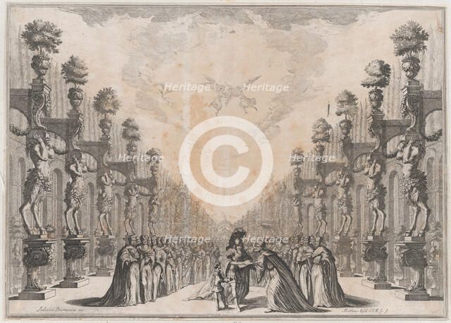 Three men at center, an old man who holding out an open book for a soldier to sign as a sm..., 1674. Creator: Mathäus Küsel.