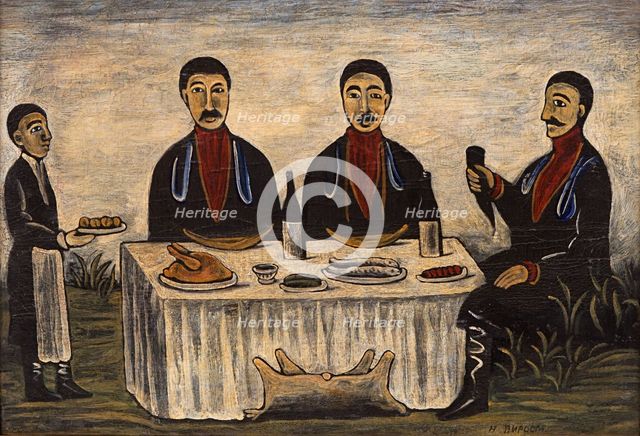 Three Men at Dinner, 1900s. Artist: Pirosmani, Niko (1862-1918)
