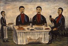 Three Men at Dinner, 1900s. Artist: Pirosmani, Niko (1862-1918)