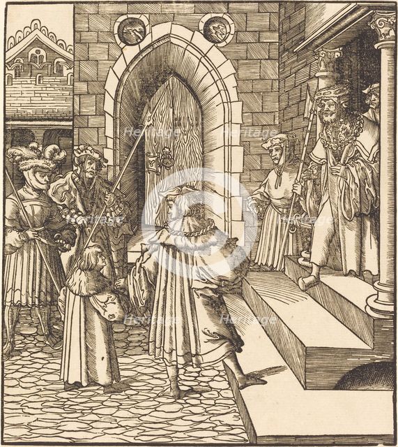 Three Men and a Boy in the Court of a Castle, to the Right Three Men on a Staircase, 1514/1516. Creator: Leonhard Beck.