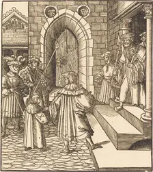 Three Men and a Boy in the Court of a Castle, to the Right Three Men on a Staircase, 1514/1516. Creator: Leonhard Beck