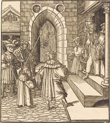 Three Men and a Boy in the Court of a Castle, to the Right Three Men on a Staircase, 1514/1516. Creator: Leonhard Beck