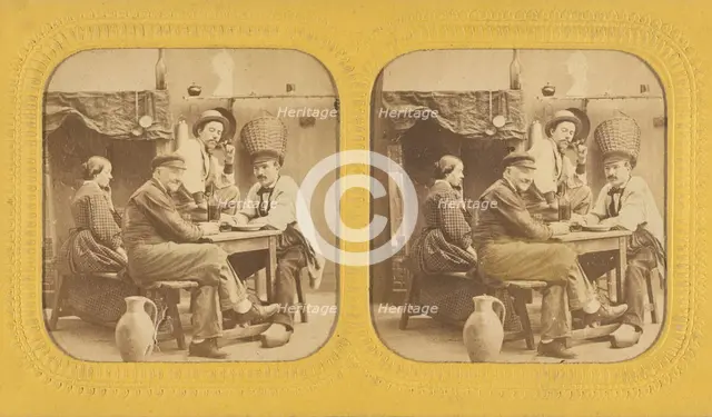 Three men and a woman seated at a table drinking, 1855-1860. Creator: Unknown.