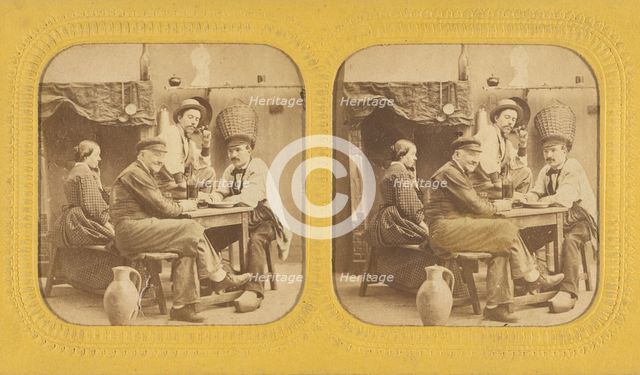 Three men and a woman seated at a table drinking, 1855-1860. Creator: Unknown.