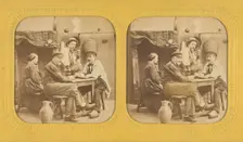 Three men and a woman seated at a table drinking, 1855-1860. Creator: Unknown