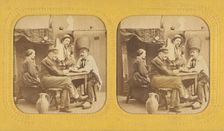 Three men and a woman seated at a table drinking, 1855-1860. Creator: Unknown