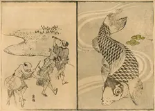 Three men, and carp, 1814, (1924). Creator: Totoya Hokkei
