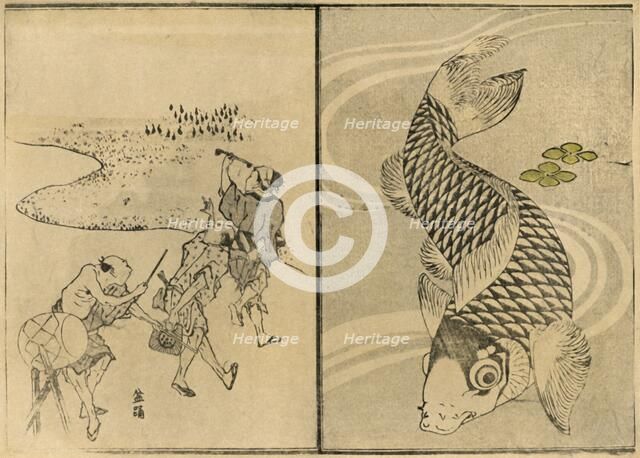 Three men, and carp, 1814, (1924).  Creator: Totoya Hokkei.