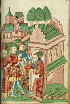Three Men Approach a Hermit; Barlaam und Josaphat, 1469. Creators: Hans Schilling, Diebolt Lauber