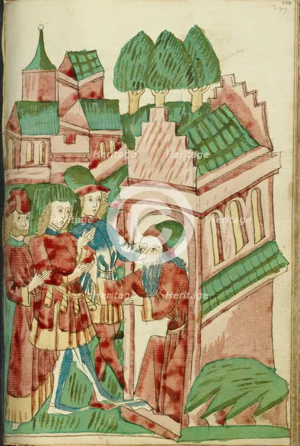 Three Men Approach a Hermit; Barlaam und Josaphat, 1469. Creators: Hans Schilling, Diebolt Lauber.