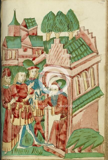 Three Men Approach a Hermit; Barlaam und Josaphat, 1469. Creators: Hans Schilling, Diebolt Lauber.