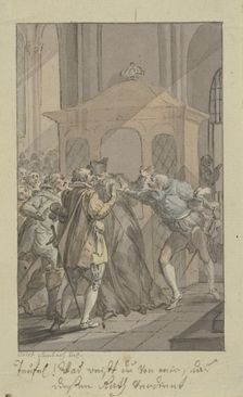 Three men arguing with swords and a clergyman before a confessional. Creator: Christian Sambach