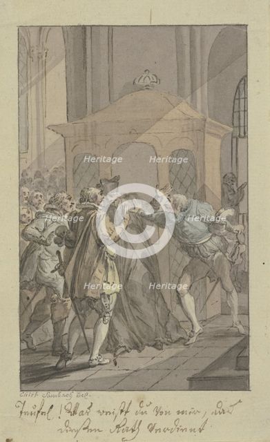 Three men arguing with swords and a clergyman before a confessional. Creator: Christian Sambach.
