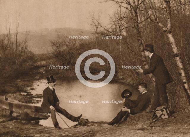 'Three men by pond', 1937. Artist: Louis Guichard.