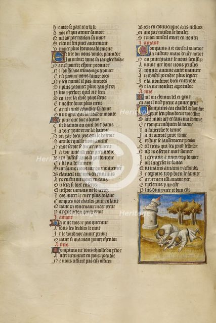 Three Men Cast to the Ground as the Castle of Generosity Collapses; Roman de la Rose, about 1405. Creator: Unknown.