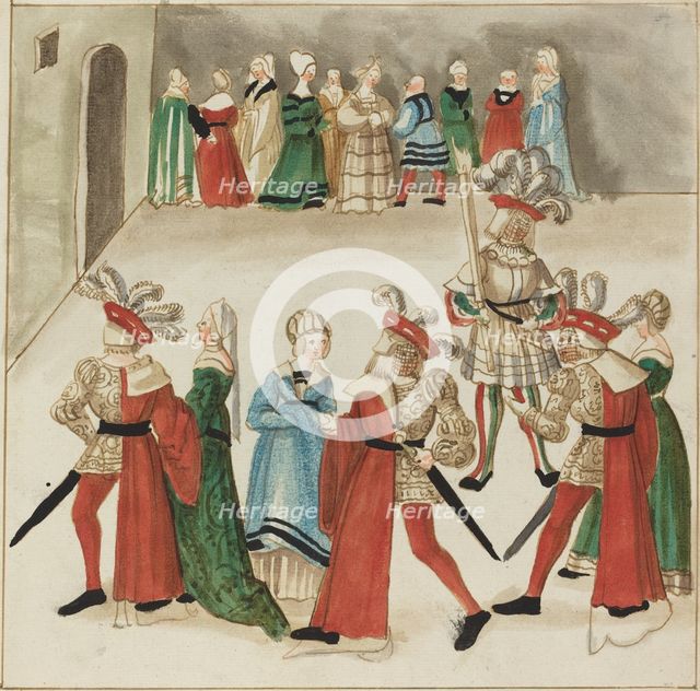 Three Men in Red Capes Dancing with Their Partners, c. 1515. Creator: Unknown.