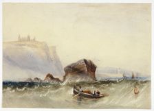 Three Men in Rowboat off Rocky Coast, n.d. Creators: Unknown, Henry Barlow Carter