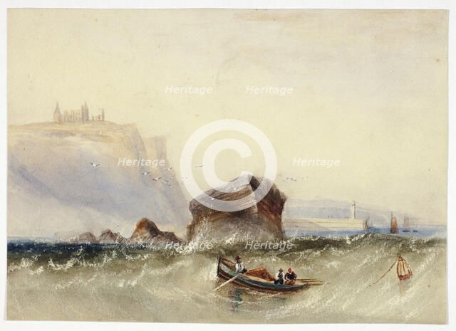 Three Men in Rowboat off Rocky Coast, n.d. Creators: Unknown, Henry Barlow Carter.