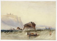 Three Men in Rowboat off Rocky Coast, n.d. Creators: Unknown, Henry Barlow Carter