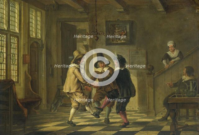 Three men in seventeenth-century costumes dancing in the entrance hall of a house, 1700-1885.  Creator: Anon.