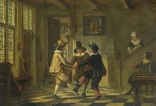 Three men in seventeenth-century costumes dancing in the entrance hall of a house, 1700-1885. Creator: Anon