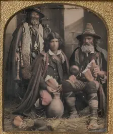 Three Men in Shepherd Attire, One with Bagpipes, the Other Two Holding Bread, 1850s. Creator: Unknown