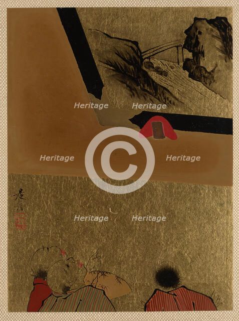 Three Men Looking at Framed Lacquer Drawing. Creator: Shibata Zeshin.