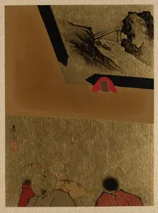 Three Men Looking at Framed Lacquer Drawing. Creator: Shibata Zeshin